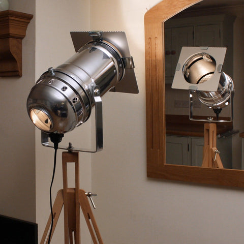Floor Lamp - Retro Industrial Theatre Stage Spotlight On Tripod - Long Polished